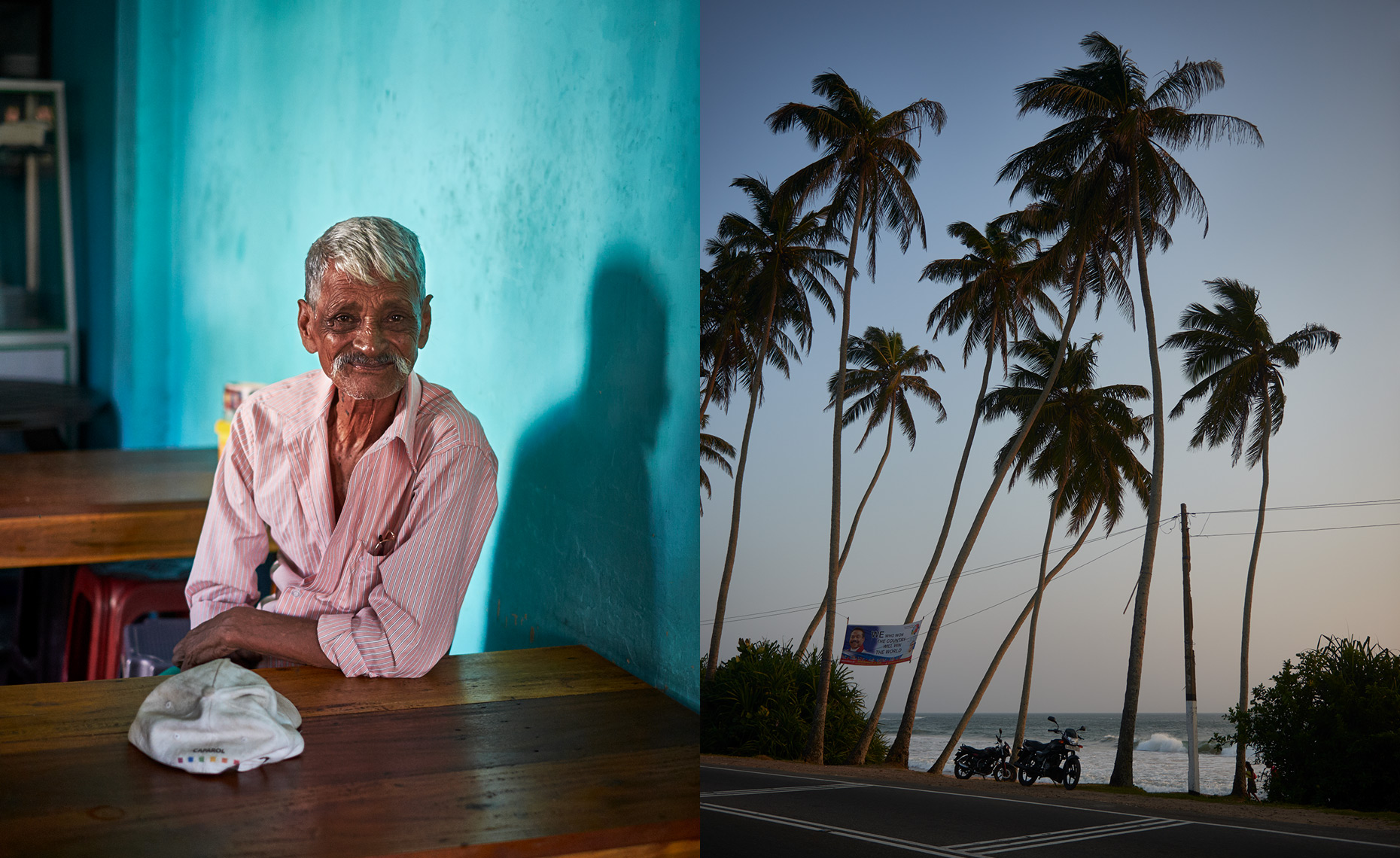 Old man smiling portrait and tropical view 